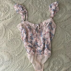 Free People Floral Lace Bodysuit - Cream and Blue